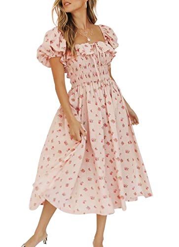 R.Vivimos Womens Summer Floral Print Puff Sleeves Vintage Ruffles Midi Dress - Large - Pink