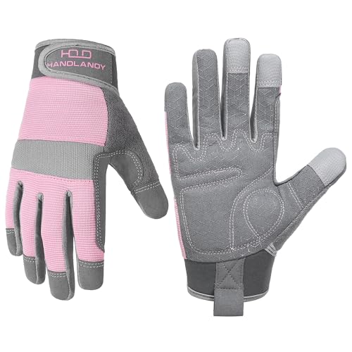 HANDLANDY Womens Work Gloves with Grip, Safety Moving Driving Gloves Touch Screen, Utility Yard Workers Gloves Pink (Grey- pink, Medium (Pack of 1)) - Medium (Pack of 1) - Grey- Pink