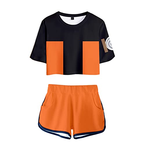 Uasialuot Anime female navel short T-shirt and shorts set girl anime cosplay clothing novelty female anime short sleeved suit - 7 - Large