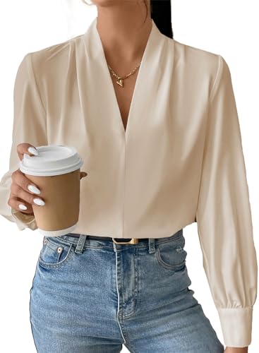 EVALESS Long Sleeve Shirts for Women Trendy V Neck Summer Tops Dressy Casual Chiffon Blouses Loose Fit Work Office Blouse Top - Small - B Khaki