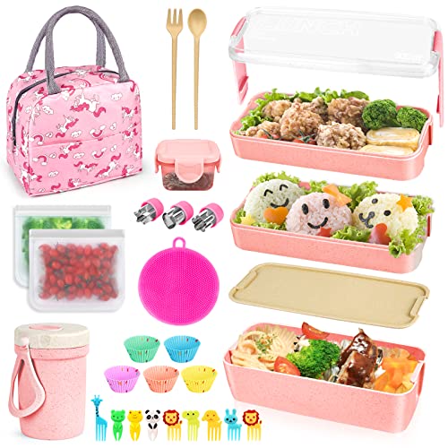 jijoe 27 PCs Bento Box Lunch Kit, Stackable 3-in-1 Compartment Japanese Set w/Soup Cup Sauce Can, Spoon Fork, Cake Cups, Fruit Picks, Snack Bags, Leakproof Containers - Pink