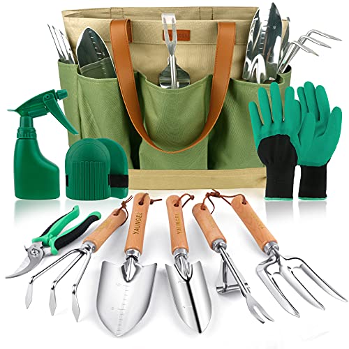 Garden Tools Set, YAUNGEL Gardening Tools Heavy Duty Stainless Steel Gardening Supplies Hand Tools with Wooden Handle, Storage Tote Bag, Ideal Gardening Gifts for Women and Men - 10pcs with bag