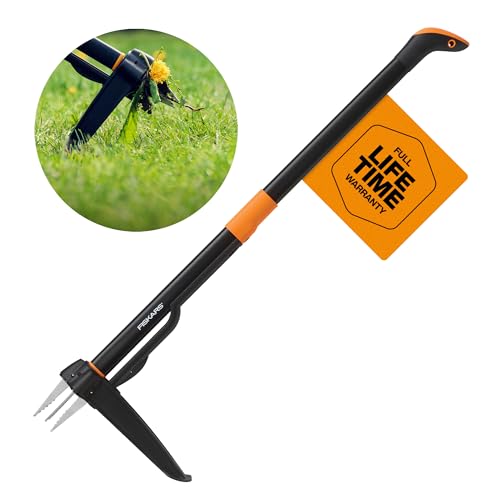 Fiskars Weeder - Stand Up Manual Weed Pulling Tool Stainless Steel Claws 39 inch Ergonomic Handle - Remove Weeds Quickly and Comfortably - 4-Claw