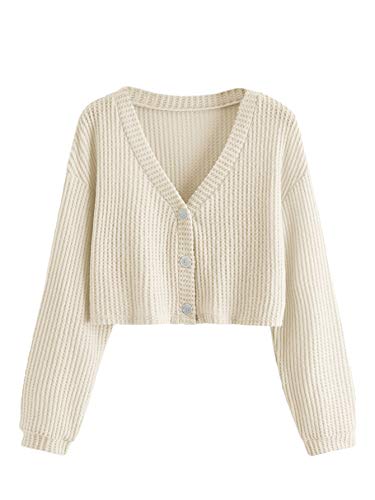 SweatyRocks Women's Long Sleeve Button Front V Neck Soft Knit Cardigan Sweaters - Large - Beige