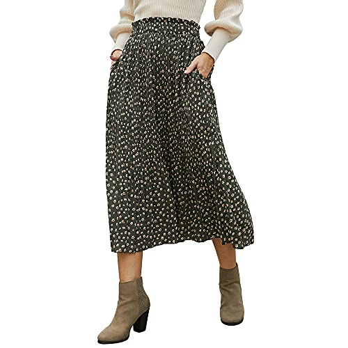 EXLURA Womens High Waist Polka Dot Pleated Skirt Midi Swing Skirt with Pockets - Green-floral Print - Large