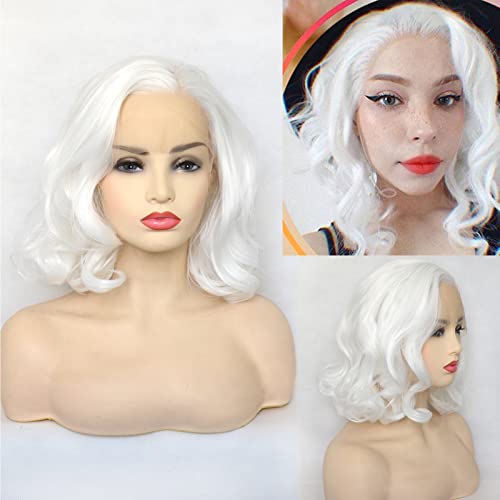 BLUPLE White Lace Front Wig Short Wavy Bob Style Platinum White 1001# Loose Wave Curly Synthetic Hair Side Part Half Hand Tied Replacement Full Wigs 12 Inches for Women Girls - 12 Inch - Curly,White