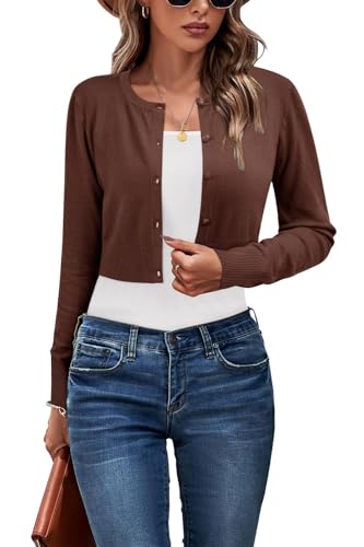 Newshows Cropped Cardigan Sweaters for Women 2024 Crew Neck Button Down Open Front Knit Bolero Shrugs - Brown - Large