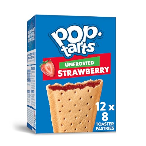 Pop-Tarts Toaster Pastries, Breakfast Food and Kids Snacks, Unfrosted Strawberry, 10.15lb Case (96 Pop-Tarts) - Unfrosted Strawberry - 1.69 Ounce (Pack of 96)