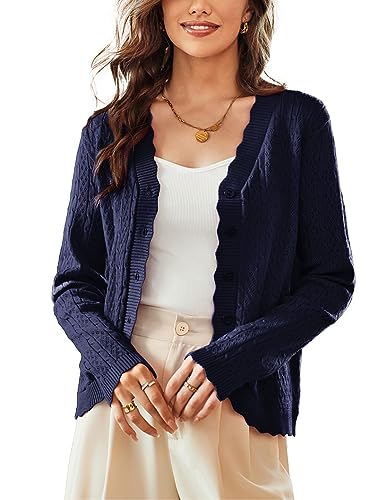 KANCY KOLE Women's 2024 Long Sleeve Cropped Cardigan Sweaters Lightweight Crochet Button Down Cardigans Shrug S-2XL - Large - Navy Blue