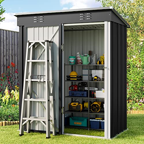 Gizoon 5'x 3'Outdoor Storage Shed with Singe Lockable Door,Galvanized Metal Shed with Air Vent Suitable for The Garden,Tiny House Storage Sheds Outdoor for Backyard Patio Lawn-Dark Gray - Gray - 5' x 3'