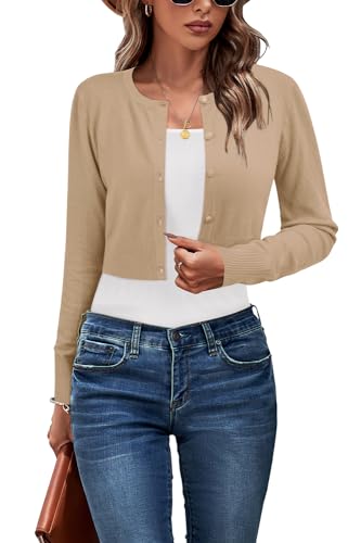 Newshows Cropped Cardigan Sweaters for Women 2024 Crew Neck Button Down Open Front Knit Bolero Shrugs - Apricot - Large
