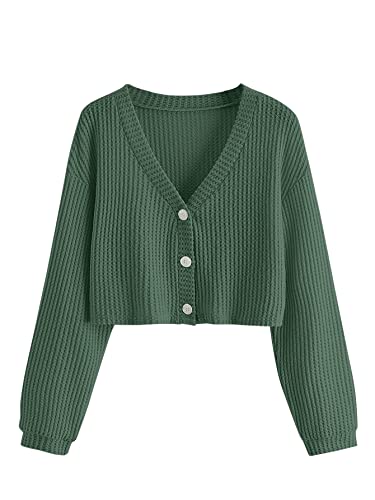 SweatyRocks Women's Long Sleeve Button Front V Neck Soft Knit Cardigan Sweaters - Large - Dark Green