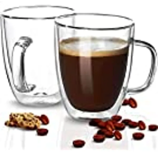 Inoha [350 Ml , 2-Pack] Large Clear Glass Coffee Mugs - Double Wall Insulated Glass Tea Cups with Handle - Latte Cappuccino - Heat Resistant , Dishwasher and Microwave Safe