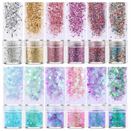 Jatidne Chunky Glitters for Resin Casting 12 Colors Resin Glitters Sparkle Resin Accessories Epoxy Glitter Craft for Wax Melts Nail Art Slime Polymer Clay Paint Decorations Fine Glitters Each 10g