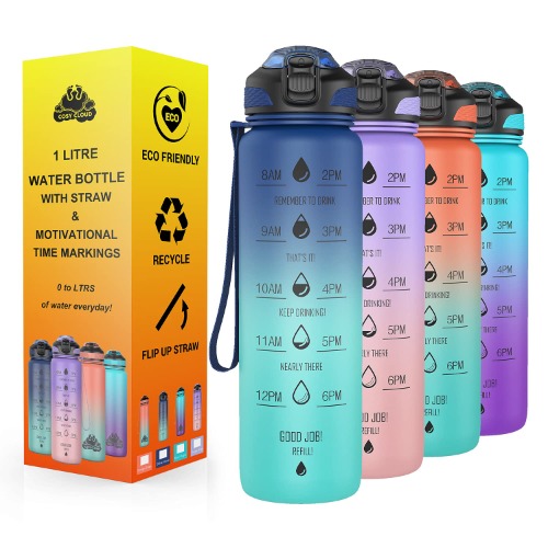 COSY CLOUD Water bottle with straw - Motivational water bottles with times to drink; time markings measurements for Sports Gym Office - BPA free leak proof reusable Tritan plastic 1 litre
