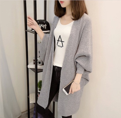 Womens Mid Length Open Cardigan With Pockets - Gray / OS