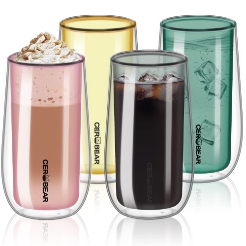 CEROBEAR Colorful Double Walled Coffee Glasses Mug 4x250ml for Hot Cold Drinks Heat Resistant Borosilicate Glass Mug Cup Cappuccino Latte Gift Espresso Glass Cup for Coffee Tea Milk Juice (Set of 4)