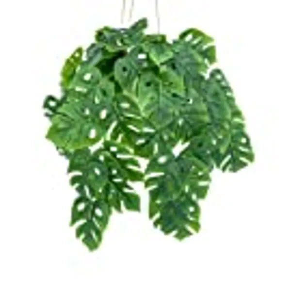 Hisow Artificial Hanging Plants with Basket, Fake Hanging Plant in Pot Outdoor Hanging Baskets with Monstera Deliciosa Artificial Leaves for Indoor Outdoor Patio Lawn Garden Decor (Monstera Deliciosa)