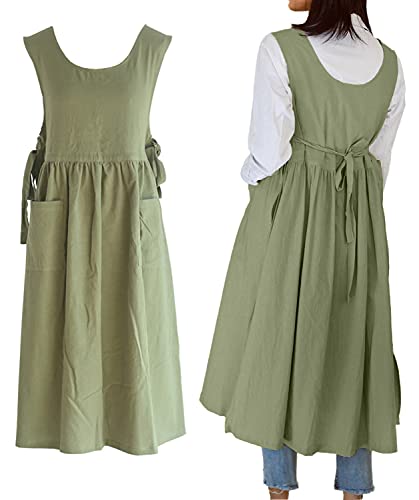 losofar Women Cotton Linen Vintage Pleated Split Apron Pinafore