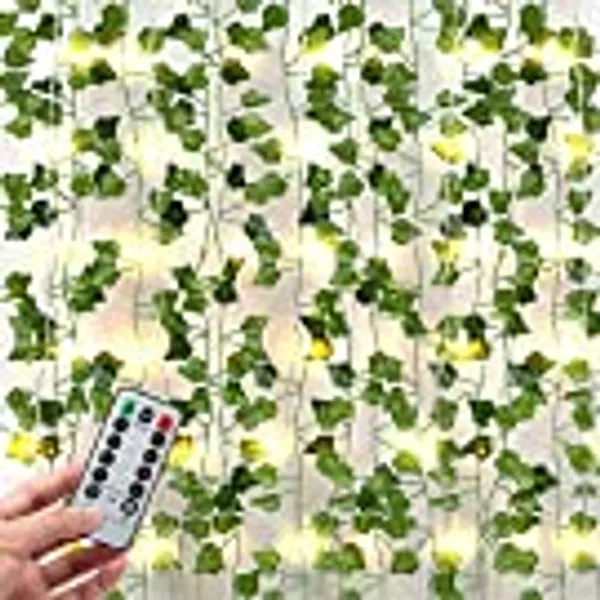 JACKYLED 84Ft 12 Pack Artificial Ivy Garland Fake Plants, Ivy Leaves with CE Certified 80 LED String Lights, Hanging Ivy Lights for Bedroom Garden Party Wall Room Decor