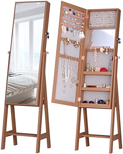 LUXFURNI Jewelry Armoire Standing Full-Length Mirror Makeup Lockable Cabinet, Large Cosmetic Storage Organizer 