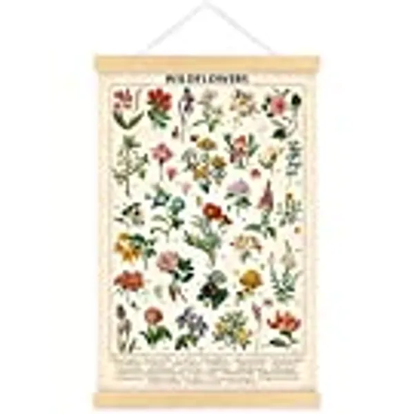 Vintage Wildflowers Poster Botanical Wall Art Prints Colorful Rustic Style of Floral Wall Hanging Illustrative Reference Flower Chart Poster for Living Room Office Bedroom Decor Frame 15.7 x 23.6 Inch