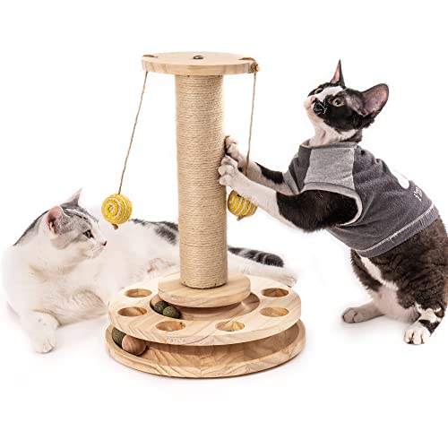 MEWOOFUN Cat Toy 2-Layer Turntable Cat Ball Toy with Feather,Kitten Toys Cat Toy with Eight Interactive Balls and Two Sisal Dangling Balls,Cat Scratching Post for Indoor Cats and Kittens
