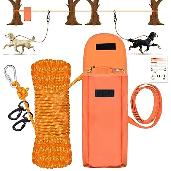 Upgraded KATOLK Dog Tie Out Cable for Camping, 100FT Portable Dog Trolley System for 2 Dogs, Knot-a-Hitch Dog Hitching System up to 250lbs, Dog Runner for Yard Camping Training Running Hiking Outdoor