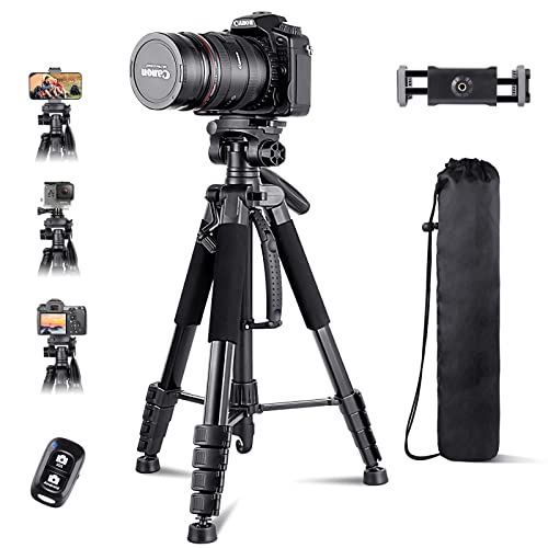 Camera Tripod with Travel Bag, Extendable Cell Phone Tripod Stand with Wireless Remote and Phone Holder, Compatible with All Cameras/iPhone/Android/Sport Camera - 74in - Standard Version