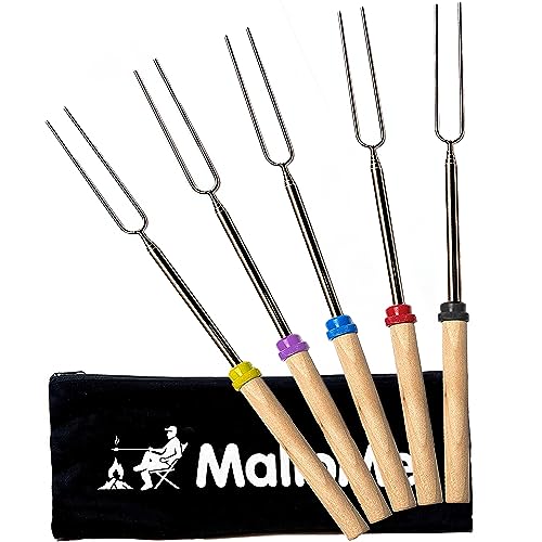 MalloMe Smores Sticks for Fire Pit Long - Marshmallow Roasting Sticks Smores Kit - Smore Skewers Hot Dog Fork Campfire Cooking Equipment, Camping Essentials S'mores Gear Outdoor Accessories 32" 5 Pack - 5FORKSET