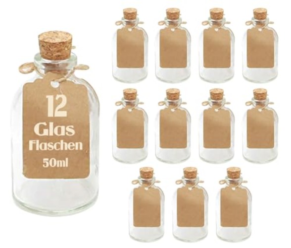 casavetro 12 x 50 ml kleine Glas-Fläschchen mit Kork Deckel, Glasflaschen für Hochzeit Geschenke set Gastgeschenke (12 Stück-inkl.alles) - 12 x 50 ml