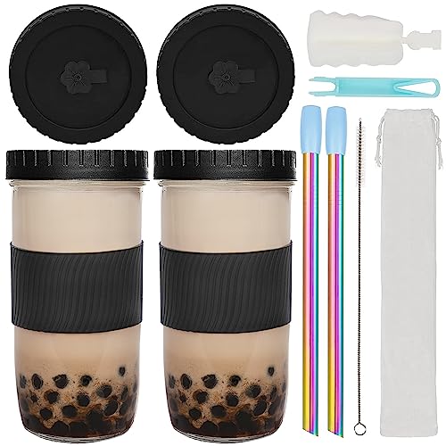 ZgoEC 730ML Bubble Tea Becher Glasbecher mit Strohhalm, 2er Set Auslaufsicher Trinkgläser mit Strohhalm und Deckel, Einmachglas Mason Jar Trinkglas, Iced Coffee Becher für Smoothie Saft Boba Tea - Schwarz