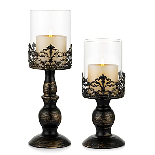 Sziqiqi Kerzenständer Set Vintage Distressed Black Hurricane Kerzenhalter 2 Stück, für Stumpenkerze Hochzeitsfeier Home Decoration Kamin Mantel Dekoration 27cm & 33cm - Schwarz - Klein + Groß