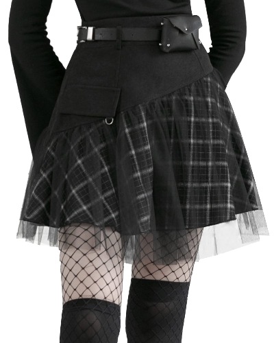 PUNK RAVE DAILY Women Gothic Skirts Women Goth Mini Plaid Skirt with Tulle Punk Dunk High Waist A-Line Party Skirt - Black X-Large
