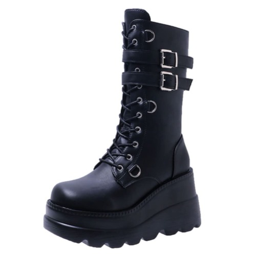 CELNEPHO Womens High Platform Mid Calf Wedges Chunky High Heel Round-Toe Side Zip Punk Combat Boots For Women - 8 Y-black