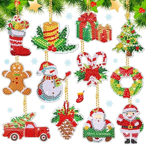 12 Pieces Christmas Diamond Painting Keychain 5D DIY Diamond Painting Kit Christmas Hanging Diamond Art Kits Diamond Art Christmas Ornaments for Kids Christmas Crafts Family Decor (Santa Style)