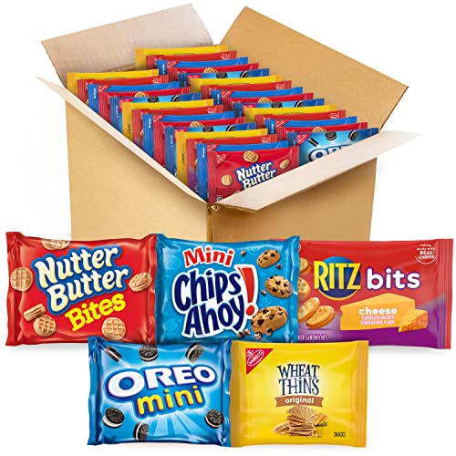 OREO Mini Cookies, Mini CHIPS AHOY Cookies, RITZ Bits Cheese Crackers, Nutter Butter Bites & Wheat Thins Crackers, Nabisco Cookie & Cracker Variety Pack, 50 Snack Packs - butter,cheese,chocolate,peanut butter