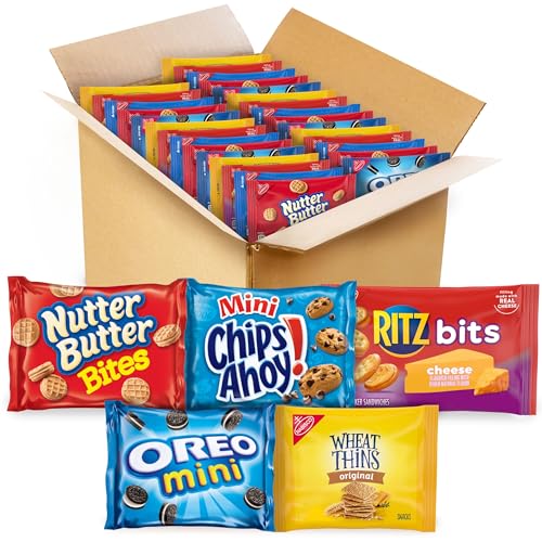 OREO Mini Cookies, Mini CHIPS AHOY! Cookies, RITZ Bits Cheese Crackers, Nutter Butter Bites & Wheat Thins Crackers, Nabisco Cookie & Cracker Variety Pack, 50 Snack Packs - butter,cheese,chocolate,peanut butter