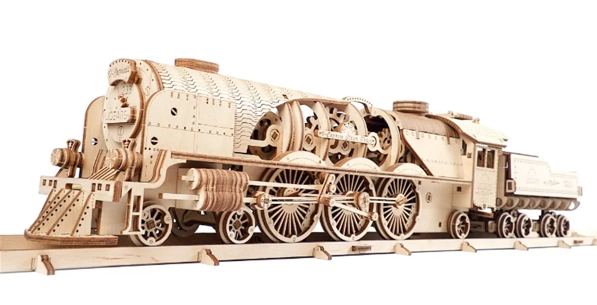 UGEARS Train en Bois Model 3D - Locomotive, Tender, Chemin de Fer - Puzzle A Encastrement Adulte, Miniature Mécanique, à Construire, Jeu Educatif Enfant, Ecologique Et Amusant, De Collection