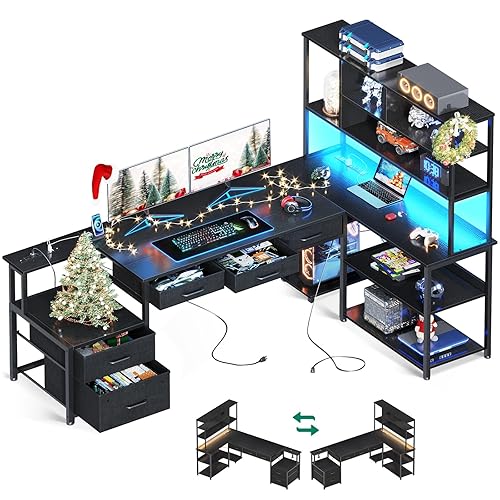 AODK 79 inch L Shaped Desk with File Drawers, Reversible L Shaped Gaming Desk with Power Outlets & LED Lights, Computer Desk with Storage Shelves for Home Office, Black - Black - 79 inch
