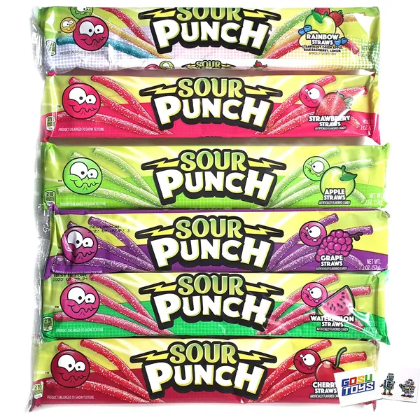 Sour Punch Sour Straws (6 Pack Assorted) with 2 Gosutoys Stickers