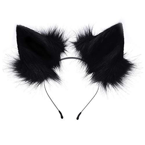 HAOAN Handmade Faux Fur Fox Wolf Ears Headband Halloween Christmas Cosplay Party Costume Accessories - Black