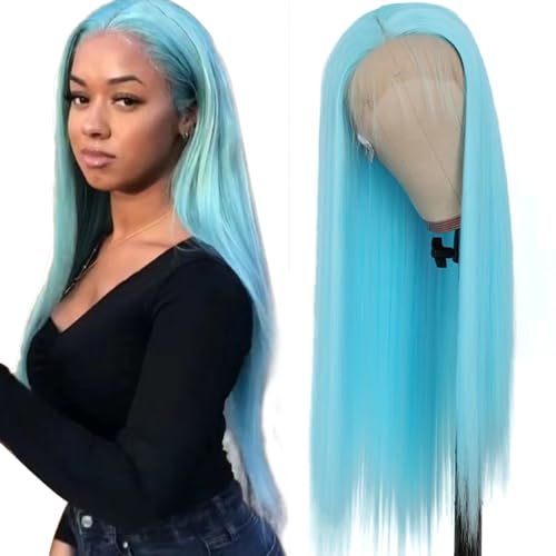 Lezaxiu Blue Lace Front Wig 24" Long Straight Hair Wigs Light Blue Wigs Heat Resistant Fiber Hair Synthetic Lace Front Wigs for Fashion Women - #1Blue - 24 Inch (Pack of 1)