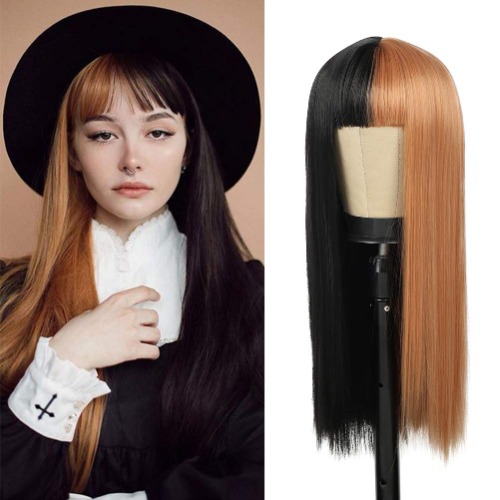 Kaneles Half Blonde Half Black Wig Long Straight Hair with Bangs Cosplay Natural Wig for Women Cosplay Party Show - half blonde half black