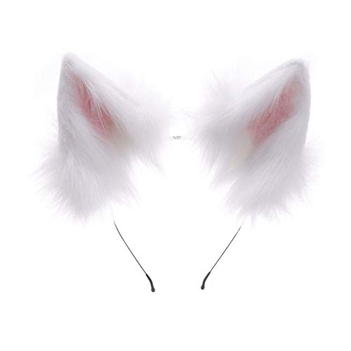 HAOAN Handmade Faux Fur Fox Wolf Ears Headband Halloween Christmas Cosplay Party Costume Accessories - White