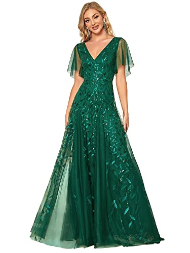 Ever-Pretty Women's V Neck Short Sleeve Elegant Floor Length A Line Long Tulle Evening Dresses 00734 - 14 - Dark Green