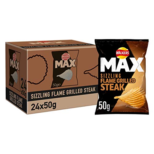 Walkers Max Flame Grilled Steak Crisps, 50 g, Pack of 24 - Flamin Grill Steak - 50 g (Pack of 24)