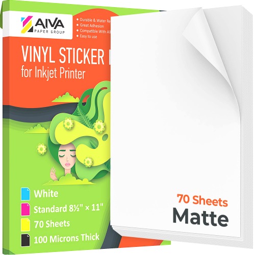 Printable Vinyl Sticker Paper - Waterproof Decal Paper for Inkjet Printer - 70 Self-Adhesive Sheets - Matte White - Standard Letter Size 8.5"x11" - 1. Matte 70 Sheets