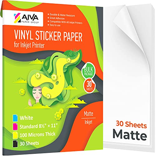Printable Vinyl Sticker Paper - Waterproof Decal Paper for Inkjet Printer - 30 Self-Adhesive Sheets - Matte White - Standard Letter Size 8.5"x11" - 1. Matte - 30 Sheets