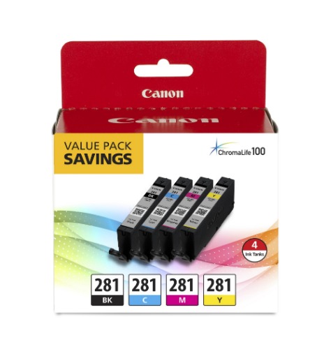 Canon CLI-281 Black, Cyan, Magenta and Yellow 4 Ink-Pack, Compatible to IB4120, MB5420, MB5120, IB4020, MB5020, MB5320 - 